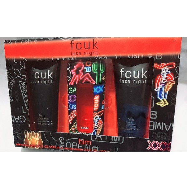 FCUK LATE NIGHT HIM 100ML GIFT SET 3PC EDT SPRAY FOR MEN BY FRENCH CONNECTION UK